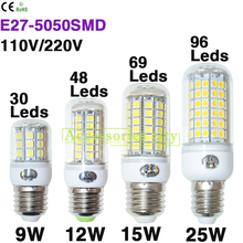 2015 NEW E27 Led Lamps 5050 SMD 220V 110V 9W 12W 15W 25W LED Lights Corn Led Bulb Christmas Chandelier Candle Lighting 1PCS/Lot