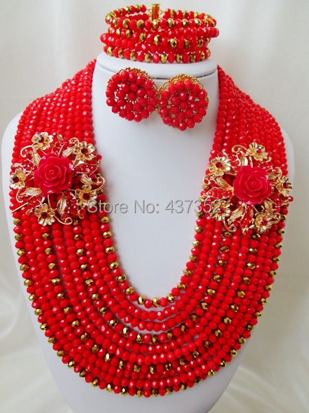 Glamorous Red mixed Gold plated copper Crystal Nigerian Necklaces Stud Earring African Wedding Beads Jewelry Set NC124