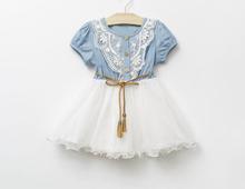 Children`s Summer Dress Children clothing Baby Girls`Denim Yarn Lace Princess Dress Kids Short Dress Girls Denim And Lace