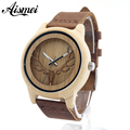 Aismei Mens Deer Head Design Buck Bamboo Wooden Watches Luxury Wooden Bamboo Watches With Leather Quartz