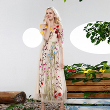 Romantic Dress 2016 New Summer Half Sleeve Flowers Embroidery Elegant Fashion Mesh Vestido Mid-Calf High Quality Dress