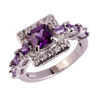 Wholesale Fashion Women Noble Princess Cut Amethyst & White Topaz 925 Silver Ring Size 6 7 8 9 10 For Lovers Jewelry Free Ship