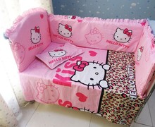 Promotion! 6PCS Hello Kitty Baby Girl Crib Bedding Set,Baby Accessories (bumper+sheet+pillow cover)