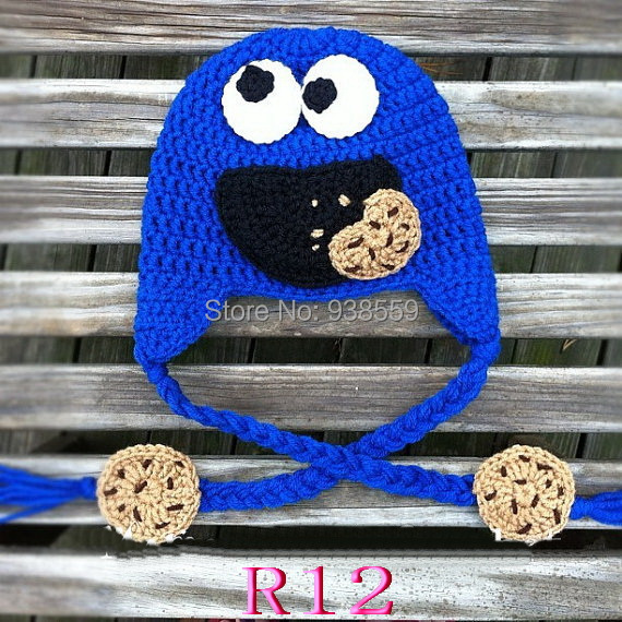 NEW hotspot Crocheted baby Hat Hand made Baby Blue Cookie Monster Earflap cap Free shipping