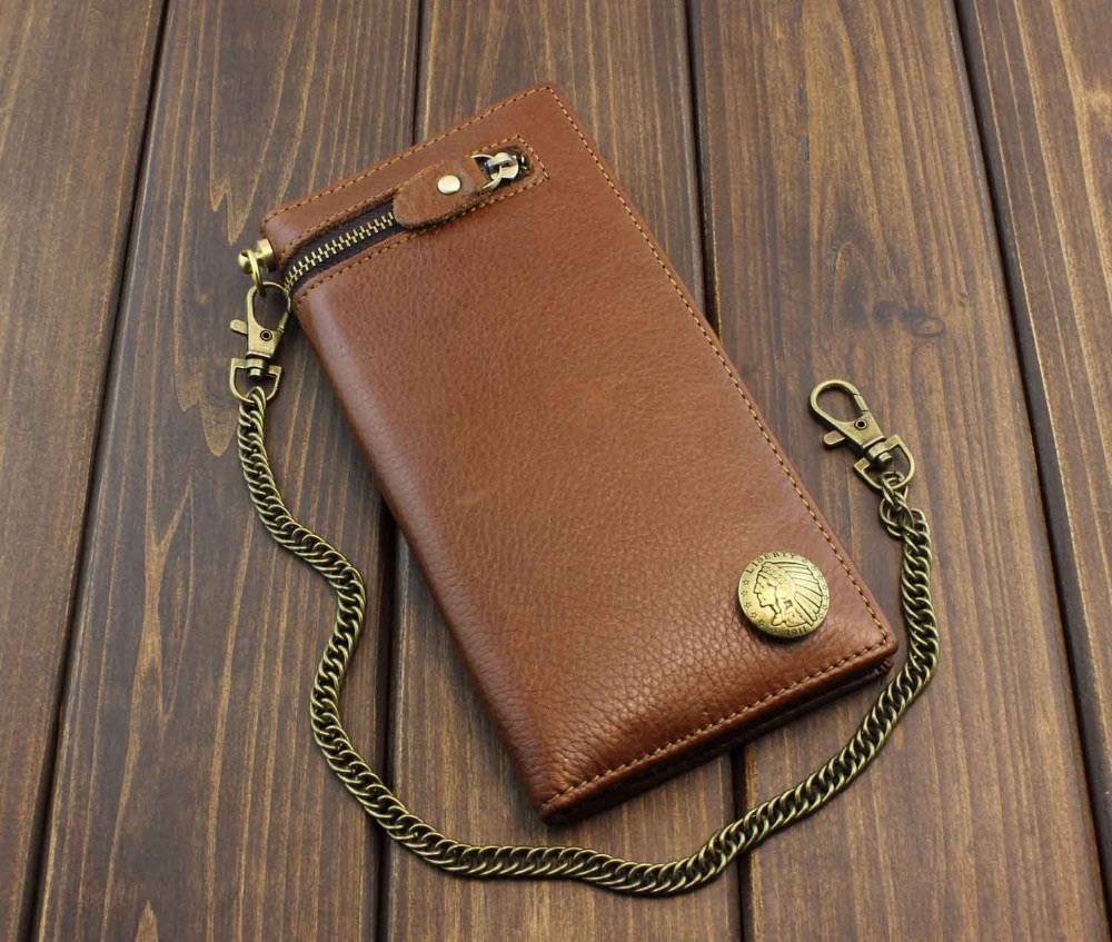 Mens Trendy American Indian Concho Long Leather Zipper Wallet With Chain Brown-in Wallets from ...