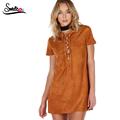 Sweetyou New Arrival 2017 Fashion Lace Up Sexy Deep V Neck Short Sleeve Mini Dress Women