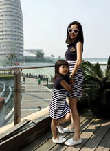 Family fashion summer one-piece dress blue and white stripe bbsue wind the sailor adult female child Women bs14