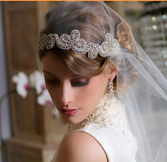 wedding party bridal rvintage seed beads flower rhinestone white veil hairband headband bride hair accessories hair