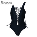 Sexy One Piece Women Swimwear Black White deep v neck backless Rope lace up bodysuit Swimsuit