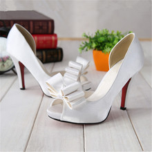 women fashion fish mouth open toe wedding shoes silk surface bow ladies high heel sandals bridal shoes white red black big size