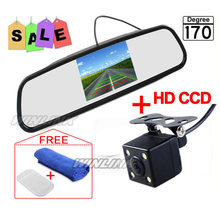 Car Parking Assistance System 4.3 Inch TFT LCD Car Reverse Mirror Rearview Monitor + 4 LED Lights IR Car Rear View Camera