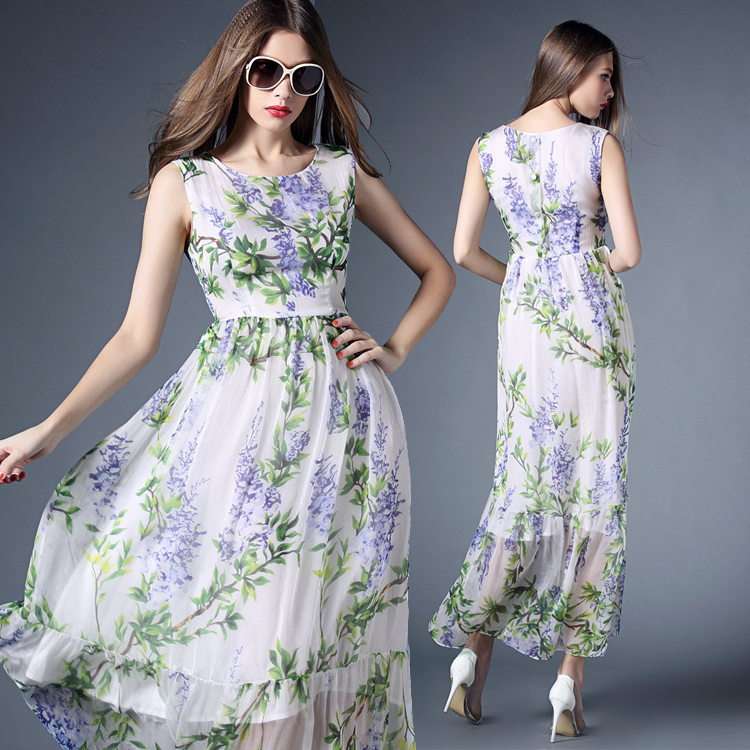 Casual Long Dresses 2015 Summer New Sweet Style Sexy Sleeveless Lavender Print Slim Big Swing Chiffon Long Dress