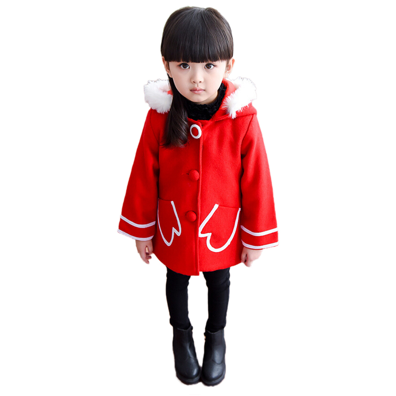 Buenos Ninos 2015 Winter Fashion Baby Girls Woolen Hooded Coats Children Kids Full Sleeved Long Red Outerwear
