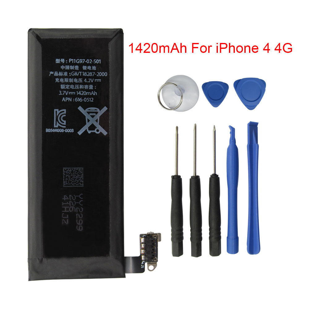 100% New 1420mAh 3.7V Lithium Polymer Mobile Phone Batteries Replacement Battery Pack with 8pcs Tool Kit for iPhone 4 4G