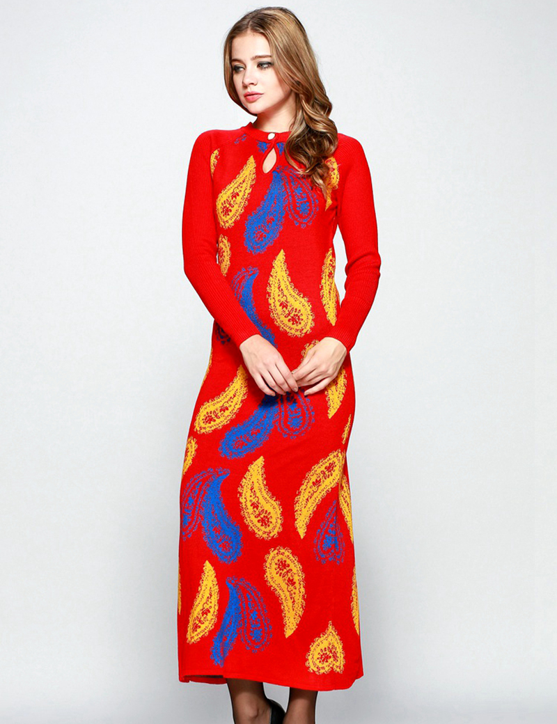New 2015 European American Fashion Runway Brand High Quality  Full Sleeve Ankle-Length Feather Print Vintage Red Long Dress
