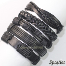 FL24-free shipping (5pcs/lot) 2013 all black wristband genuine braided ethnic leather bracelet with hemp rope for gift