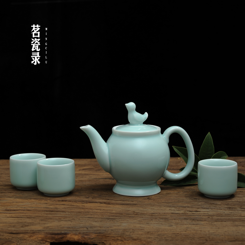 chinese traditional style celadon tea set four cup with one teapot blue color ceramic set for