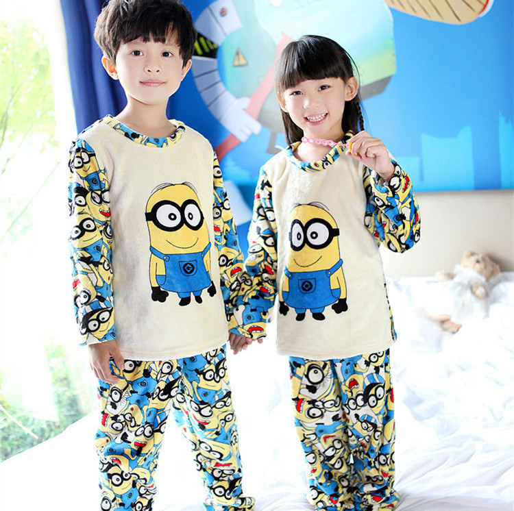 Fashion minions 2015 6Y 12Y warm children pajama sets winter sleepwear for boys girls thicken flannel