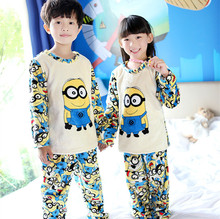 Fashion minions 2015 6Y-12Y warm children pajama sets winter sleepwear for boys girls thicken flannel pajamas for kids minion