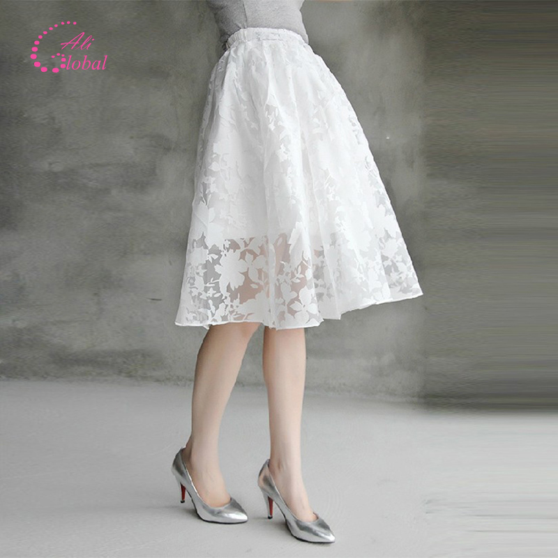 2015 women skirt Lace Midi Elegant Skirts High Waist knee length solid Floral print Pleated Skirt