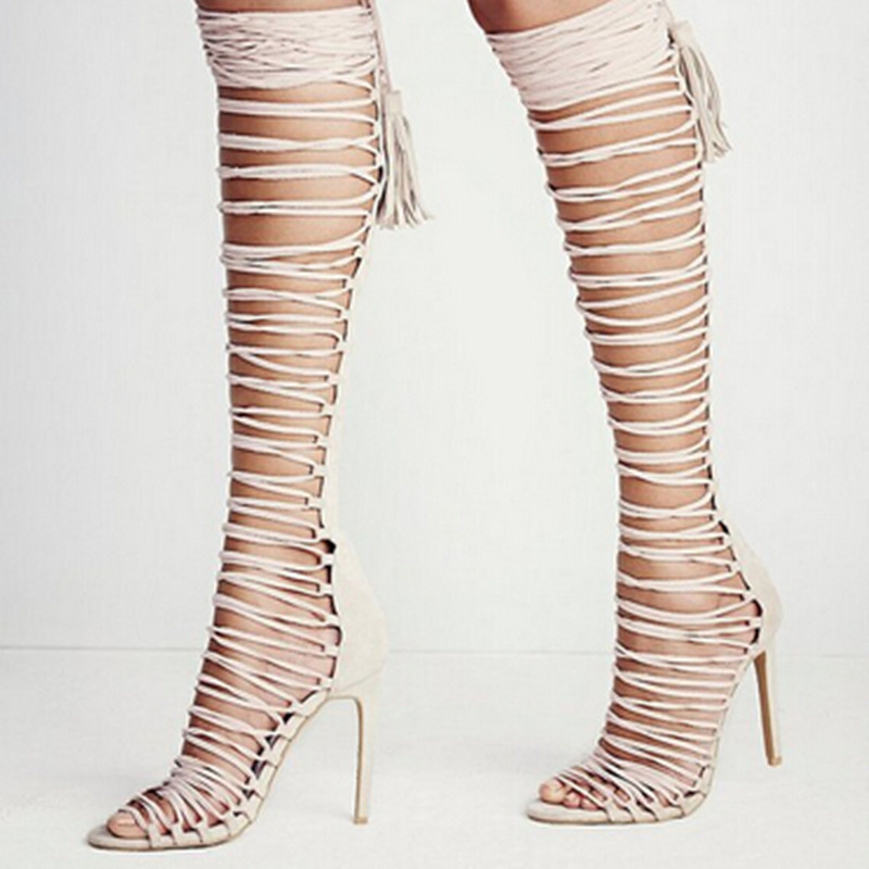 Fashion Designer Tassel Knee High Gladiator Sandals Sexy Strappy Women Boots High Heel Shoes New Cut-outs Lace up Boots