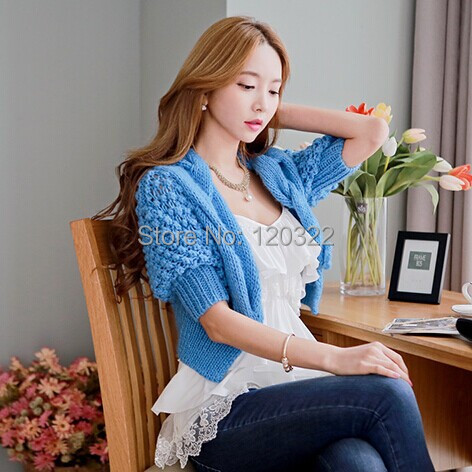 Original New Fashion 2014 Brand Spring and Autumn Sky Blue Crochet Flower Plus Size Slim Casual Short Women Cardigan Wholesale
