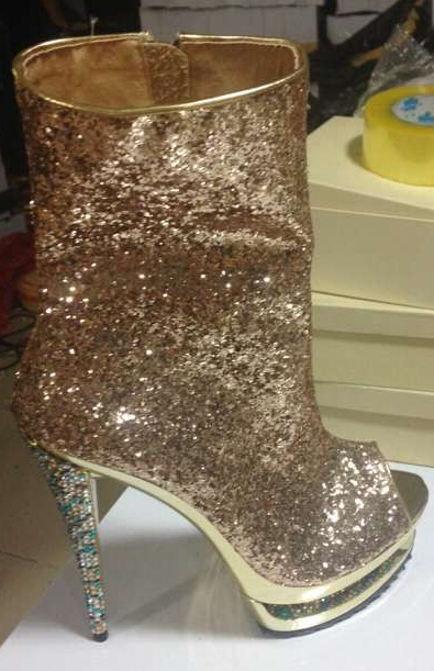 Bling Bling Glitters Ankle Boots Golden twinkling short boots sexy peep toe platform heels fashion woman party shoes real photo