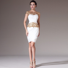 2014 O Neck Sheath Knee Length White Chiffon Applique Cocktail Dresses Short Semi Formal Dresses Vestidos