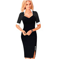 Polka Dot Patchwork Button Stand Neck Short Sleeve OL Office Lady Women Work Bodycon Pencil Dress