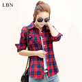 2016 100 Cotton Female Plaid Shirt Autumn Long Sleeved Lapel Shirts British Style Women s Plus
