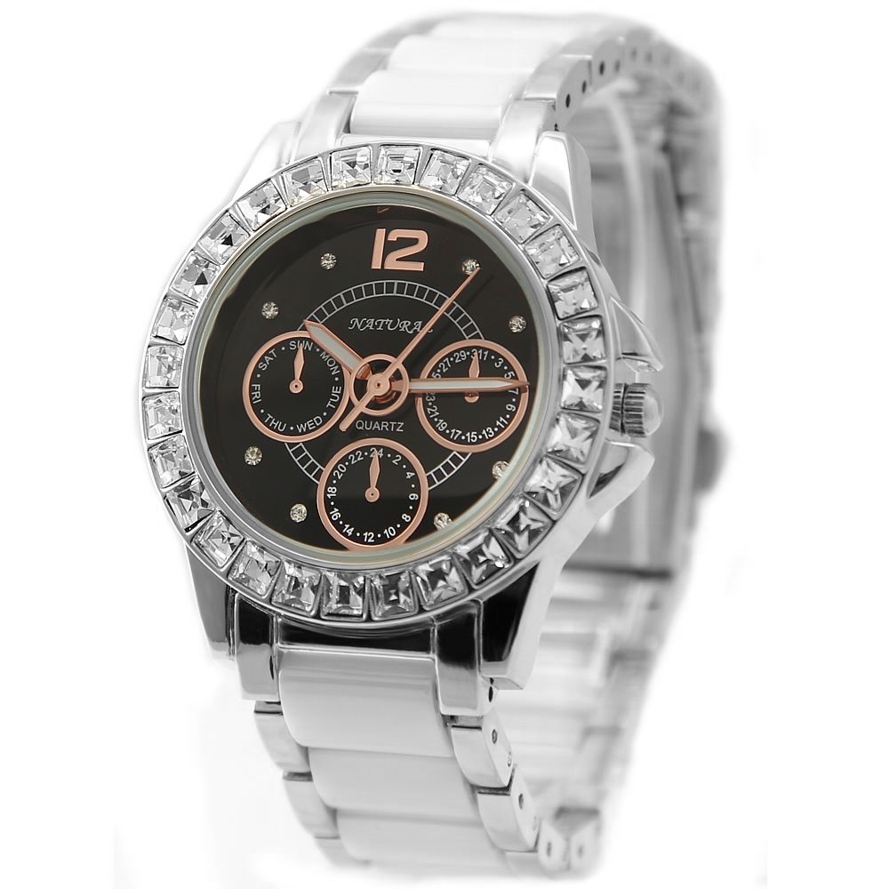 FW830I PNP Shiny Silver Watchcase Black Dial Ladies Women Ceramic Bracelet Watch