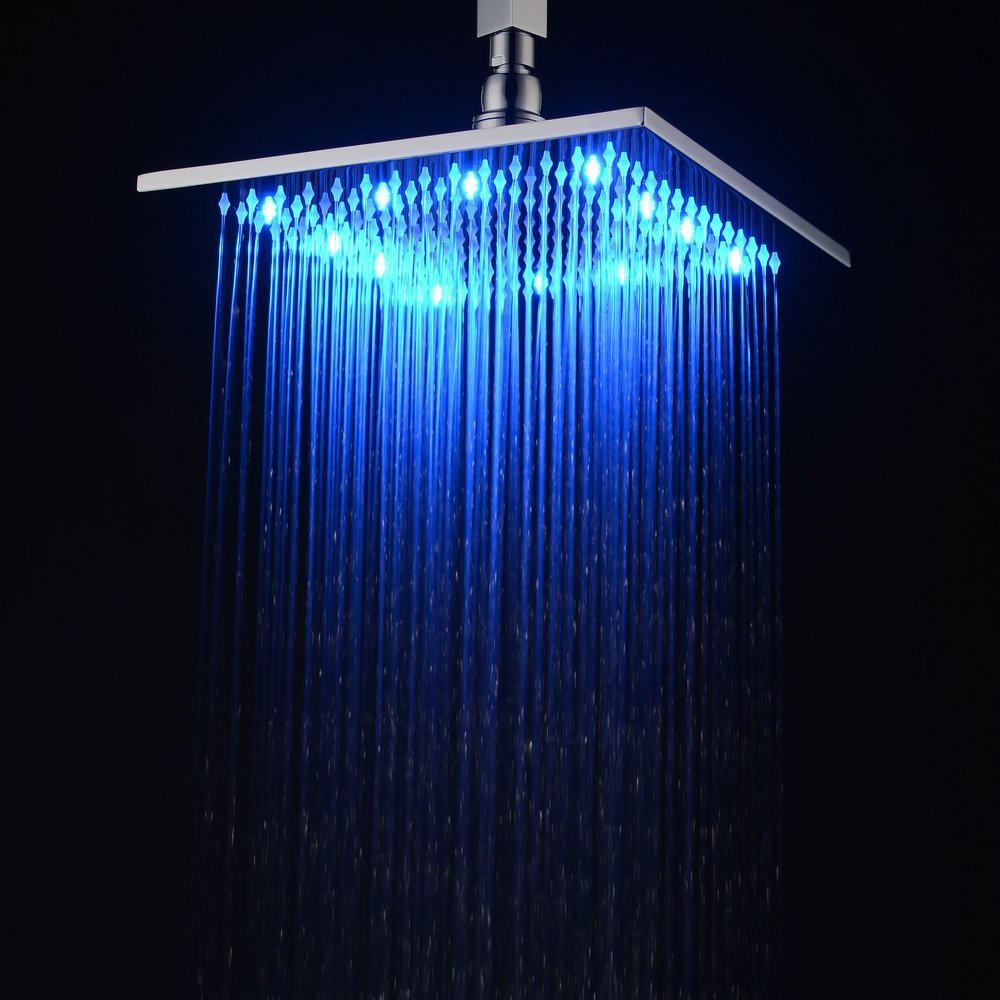 LED 10 Inch Waterfall Rain Shower Solid Brass Shower Head with Color Changing Light  Chrome Finished