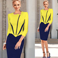2016 New Contrast Color Vintage Dress Patchwork Career Female Polyester 3 4 Sleeve Round Neck Zipper