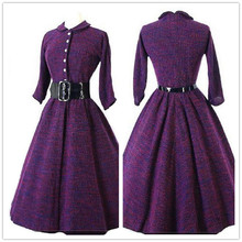 sweater dress long sleeve women dress autumn winter 2015 purple retro winter clothing buttons down pleated belt Free Shipping