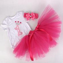 2015 New 3pcs Clothes Suit Baby Girls Short Sleeve Happy birthday T Shirt Headband Tutu Skirts