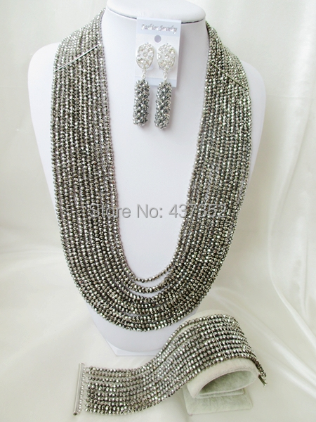 Fabulous 26'' Long 12layers Silver Plated Crystal Nigerian African Wedding Beads Jewelry Set CPS5240