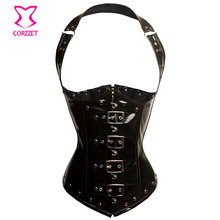Sexy Gothic Steampunk Clothing Women Black Glossy PVC Leather Halter Corset Vest Steel Boned Underbust Waist Training Corsets