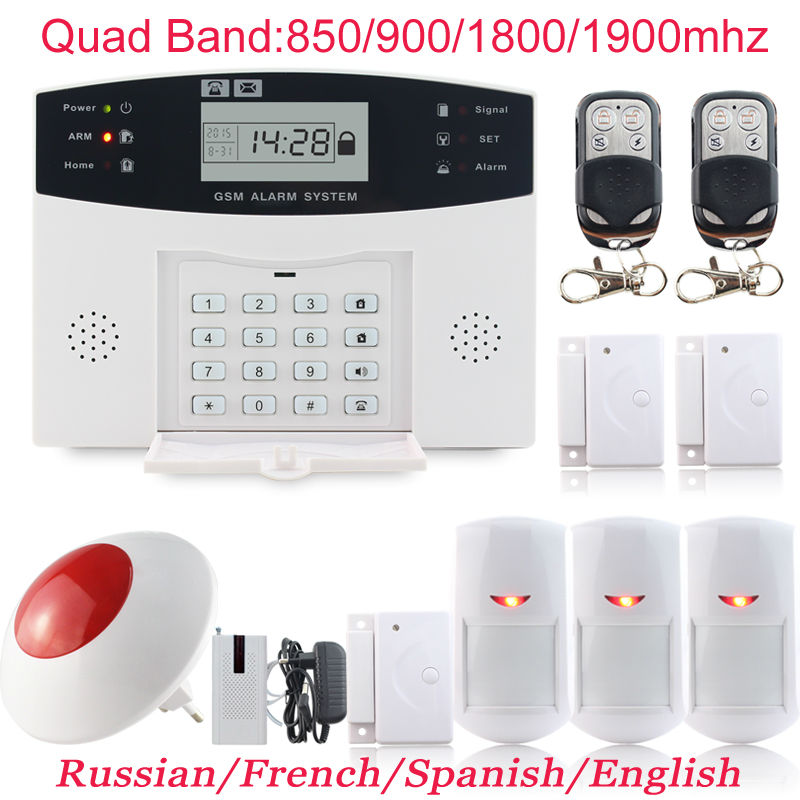 English/French/Spanish/Russian Language Intruder Burglar Security Alarm System with Door sensor Infrared detector Strobe siren