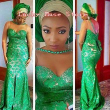 Robe De Soiree Nigerian Style Evening Dresses With Beaded Front Split Plus Size African Lace Green Women Formal Gowns 2016 New