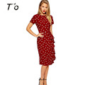 T O 2016 Elegant Vintage Polka Dot Slim Frill Large Size Professional Tunic dress Office Work
