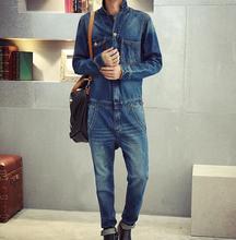 Long Sleeve Denim Jumpsuit Men 2016 New Fashion Garment Washed Retro Style Jean Jumpsuits Free Shipping