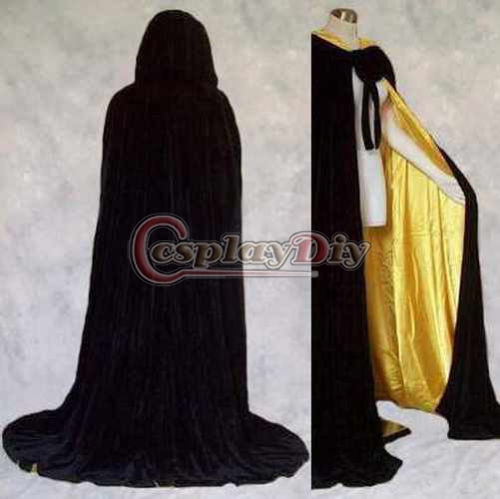 Custom Made Line Hooded Black Yellow Velvet and Satin Gothic Wicca Robe Medieval Witchcraft Larp Cape Cloak Halloween Costume