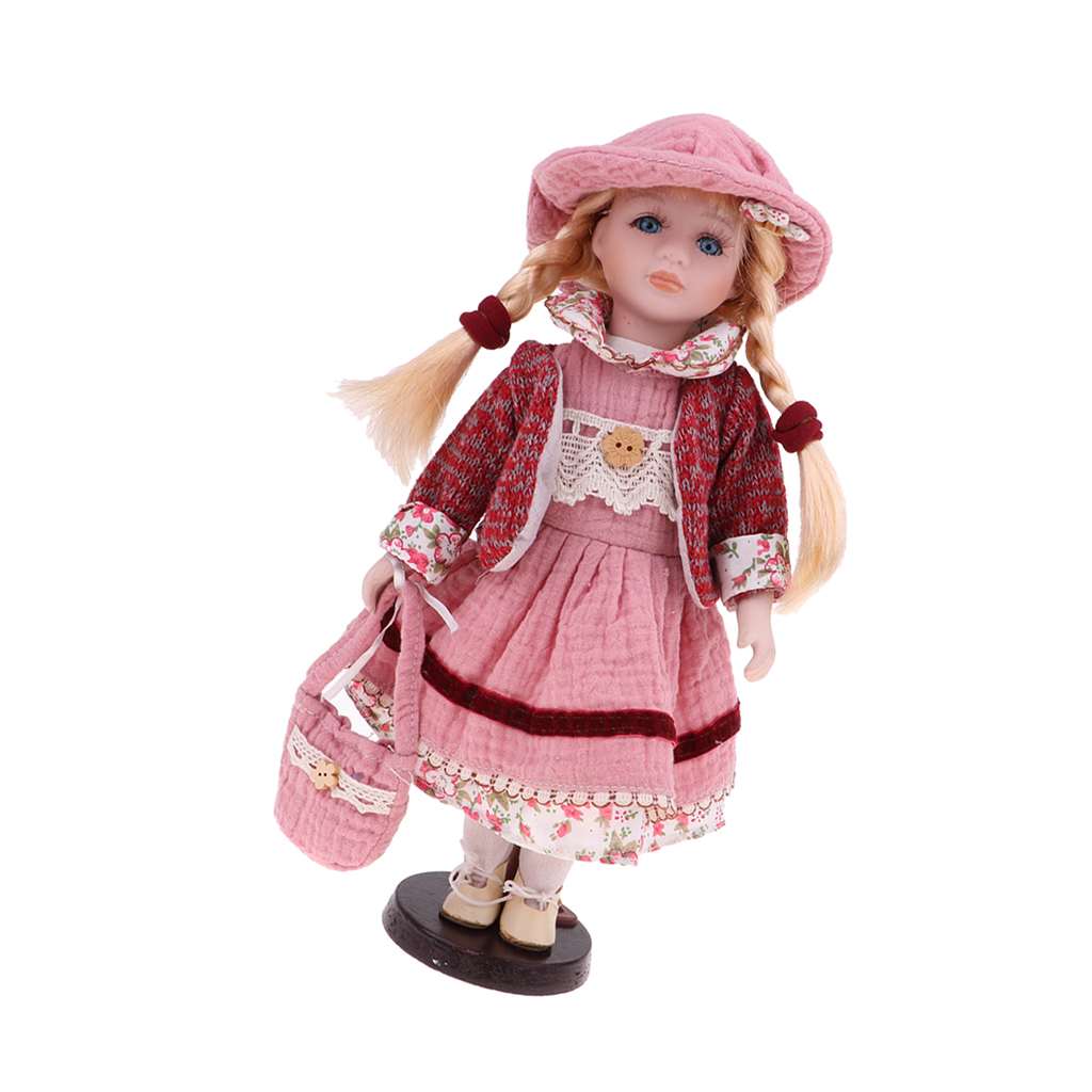 30cm Porcelain Female Doll Vintage in Red Princess Dress Suit Collectible
