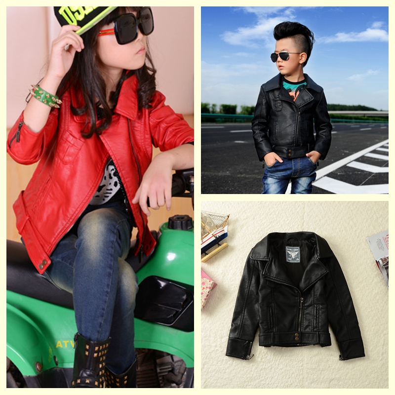 Kids Outwear 2015 Autumn Winter Girls Coats And Jackets Boys PU Leather Jacket Casual Turn-down Collar Solid Children Outerwear