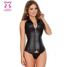Black Faux Leather Halter Collar Top Sexy Corsets And Bustiers Zipper Waist Trainer Steel Boned Corset Steampunk Corselet