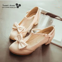 Size 31-43 Women Autumn Sweet Bow Thick Heel Lolita Shoes Princess Pumps Students Leather Shoes 6342