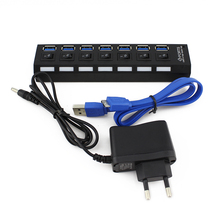 1Set 7-Port USB 3.0 Black Hub with High Speed Adapter ON/OFF Switch+European AC Power Adapter for Laptop / PC