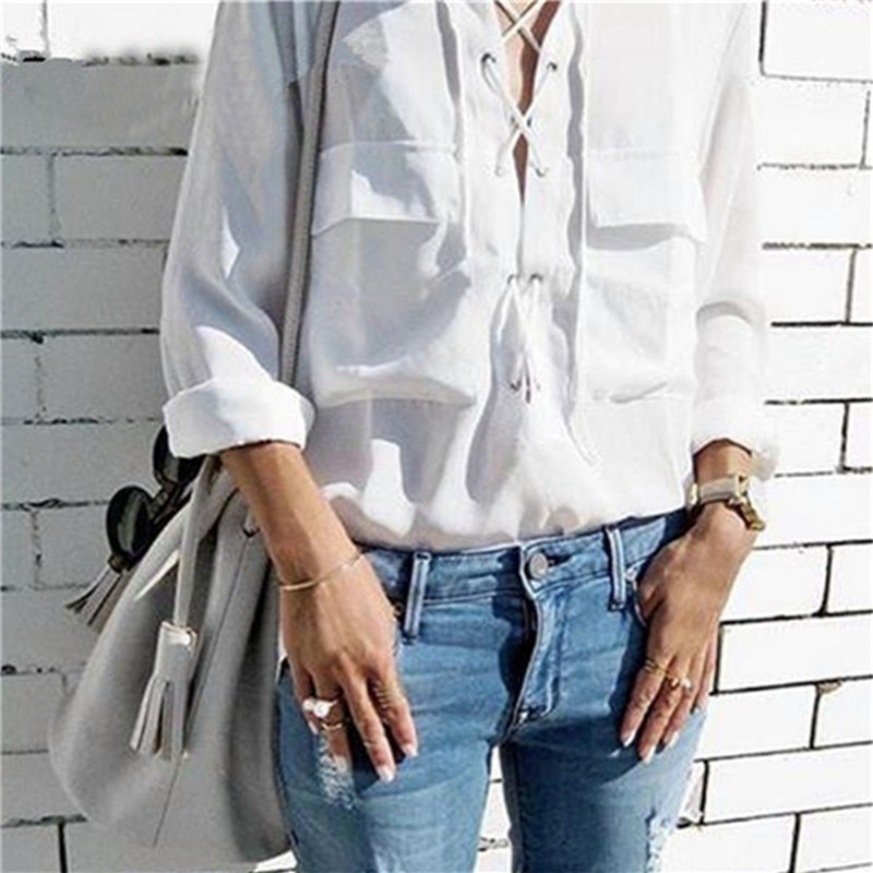 ZANZEA 2018 Women Chiffon Blouse Summer Blusa Turn Down Collar Sexy Deep V Front Lace Up Long Sleeve Shirt Casual Tops Plus Size aeProduct.getSubject()