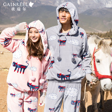 Song Riel autumn and winter flannel pajamas cute cartoon male and female couple cozy outer wear hooded tracksuit was Kerry