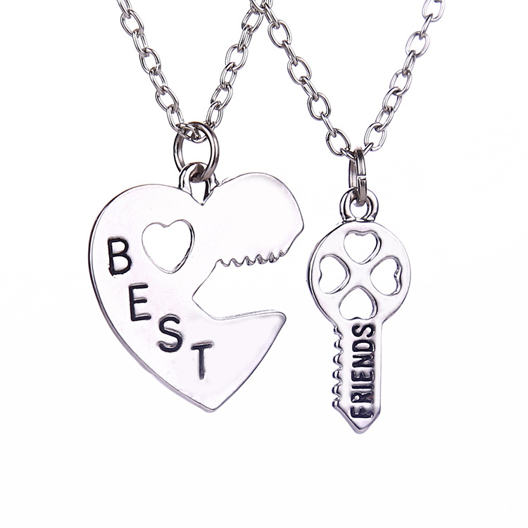 Silver plated key heart chain lovers necklaces engraved letter couple necklaces pendants women men best friends charm jewelry